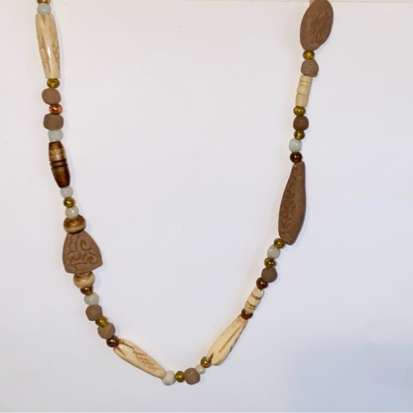 Vintage Ethnic Beaded 16" Necklace Terra Cotta Clay Glass Etched Faux Bone Beads - Picture 1 of 10